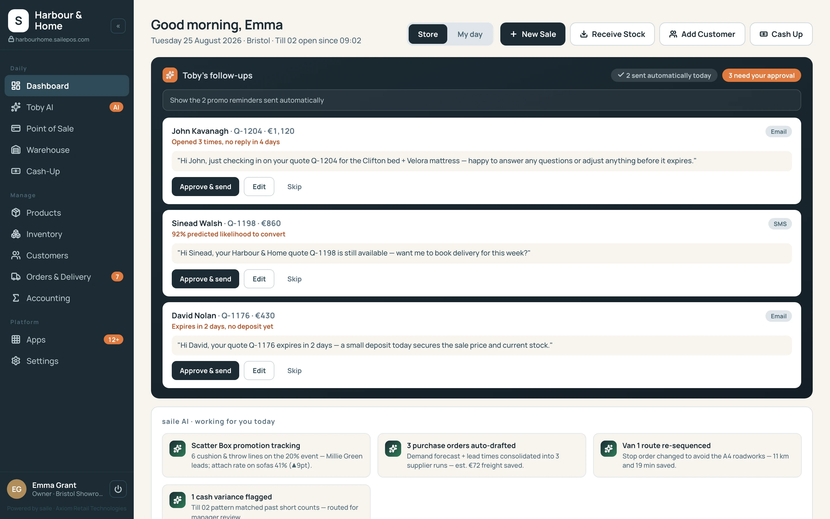 The saile dashboard for a showroom: Toby's follow-ups awaiting approval and what the AI did today