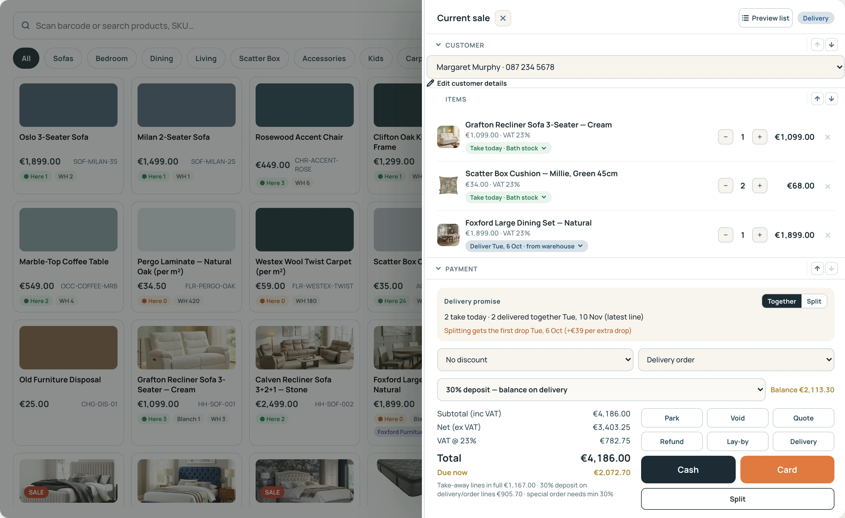 The saile point of sale: product tiles by category and the current sale for a named customer