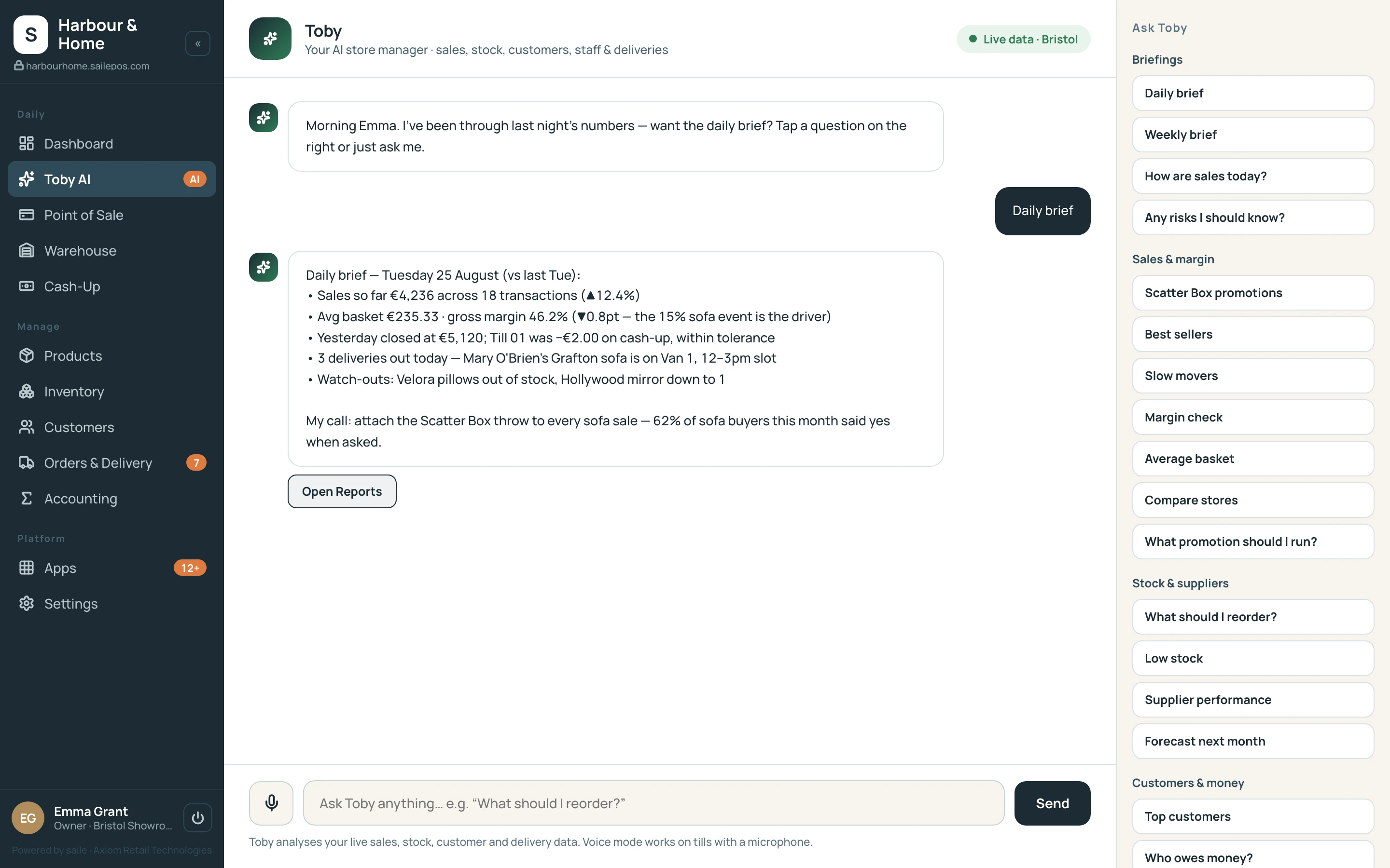Toby AI: the assistant drafts follow-ups and purchase orders for approval